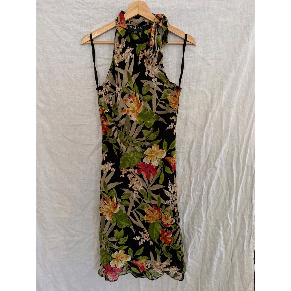 Majick Halter Mini Dress Womens Black Tropical Floral Sequin Resort Small